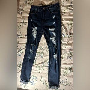 Shein stretchable ripped jeans in blue and black